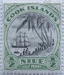 A 1932 stamp of Niue inscribed "Cook Islands Niue". Stamp niue 0,5 d.jpg