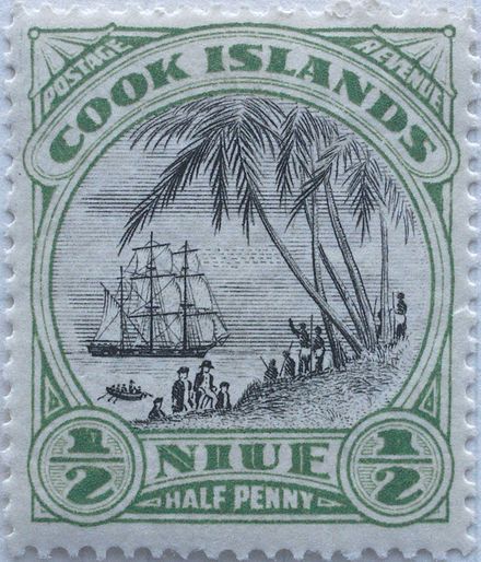 Timbre de Niue (1932) commémorant la venue de James Cook et de son équipage sur l'île.