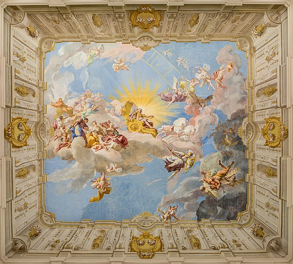 圖為下奧地利州格特魏格修道院內皇家樓梯上的天頂濕壁畫，由保羅·特羅格所繪，題為《查理六世的神化》，查理六世喪於1740年10月20日。