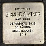 Stolperstein for a deportee from Moravska Ostrava Stolperstein fur Zikmund Slatner 2.JPG