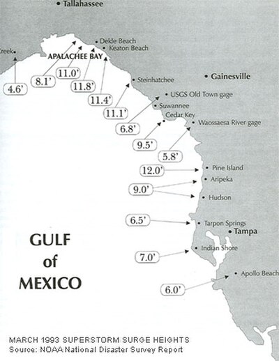 NOAA estimate of storm surges along Florida's Gulf Coast, March 13, 1993.