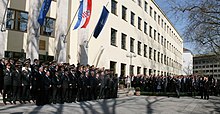 Flag hoisting ceremony at Ministry of Defence in Zagreb, marking joining of the NATO in 2009 Svecanost podizanja NATOve zastave Zagreb 77.jpg