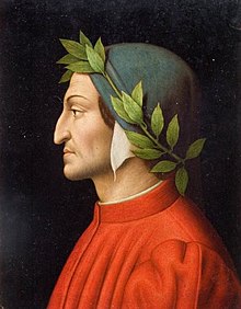 Portrait of Dante Alighieri, one of the greatest poets of the Middle Ages. His epic poem The Divine Comedy ranks among the finest works of world literature. Testa di Dante Alighieri di profilo.jpg