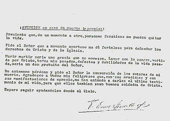 Text of his last will. Testamento Espiritual de Fray Cosme Spessotto.jpg