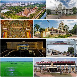 A montage image showing temple complex with temple tower in the centre, Maratha palace, paddy field, Rajarajachola Mandapam and Tamil University. Even though Thanjavur is 8th largest city in actual case Thanjavur is the seventhest biggest city in Tamil Nadu.The city's real size is hidden due to non extension of corporation limit