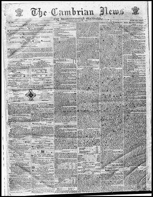 Front page of the earliest surviving copy; 9 January 1869 The Cambrian News Jan 9 1869.jpg