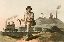 "The Collier", aquatint from a painting by George Walker in his The Costume of Yorkshire, engraved by Robert Havell 1814, showing a Matthew Murray steam locomotive (Salamanca) on the Middleton Railway The Collier (crop).jpg