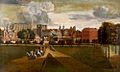 The Palace of Whitehall by Hendrick Danckerts, c. 1675, viewed from St. James's Park looking east. The four-towered building left of centre is the palace gatehouse, the "Holbein Gate".