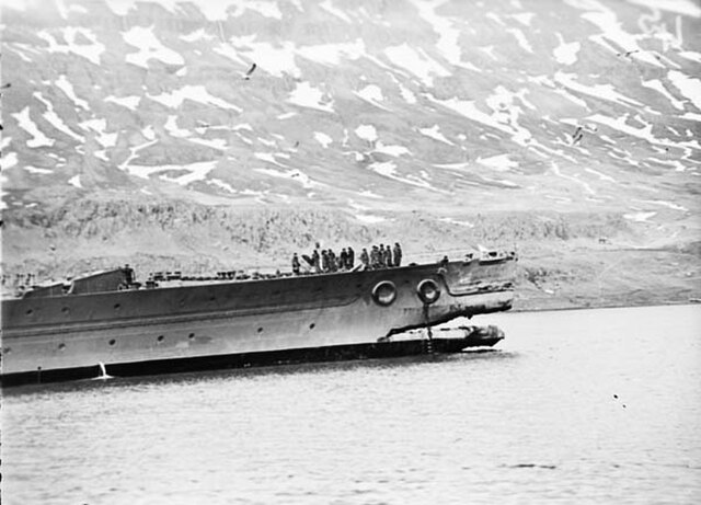 Damage to the bow of HMS King George V, after her collision with HMS Punjabi in dense fog on 1 May 1942, at Seydisfjord, Iceland.