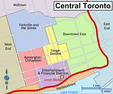 Carte des quartiers centraux de Toronto.