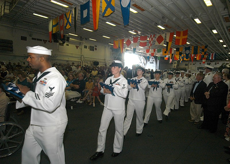 File:US Navy 050703-N-5373B-043 Several Sailors serve as flag bearers marching through the hangar bay to honor the Iwo Jima Veterans of Portland during a ceremony.jpg