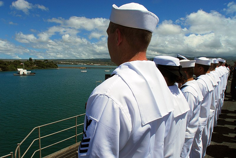 File:US Navy 070822-N-2659P-016 Sailors honor the USS Arizona Memorial as the Nimitz-class aircraft carrier USS John C. Stennis (CVN 74) departs for San Diego.jpg