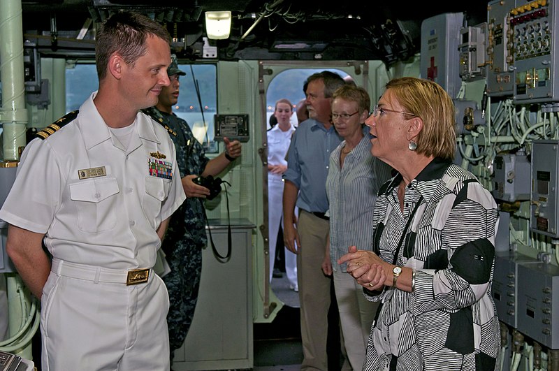 File:US Navy 111127-N-ER662-585 U.S. ambassador to Timor-Leste Judith Fergin, right, speaks with Cmdr. Chris Adams, executive officer of the Arleigh Bur.jpg