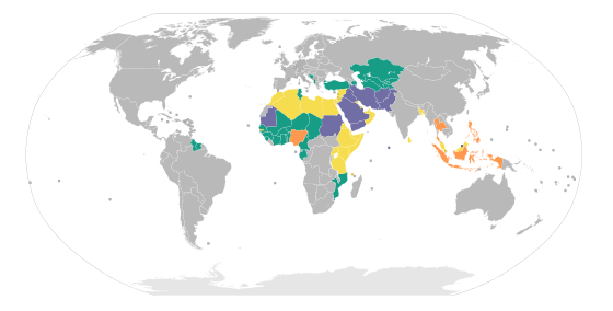 Use of Sharia by country:[citation needed] .mw-parser-output .legend{page-break-inside:avoid;break-inside:avoid-column}.mw-parser-output .legend-color{display:inline-block;min-width:1.25em;height:1.25em;line-height:1.25;margin:1px 0;text-align:center;border:1px solid black;background-color:transparent;color:black}.mw-parser-output .legend-text{}  Sharia plays no role in the judicial system   Sharia applies in personal status issues only   Sharia applies in full, including criminal law   Regional variations in the application of sharia