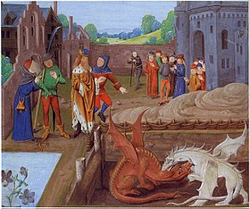Ilustracija knjige iz 15. vijeka, scena u kojoj britski kralj Vortigern promatra borbu dvaju zmajeva