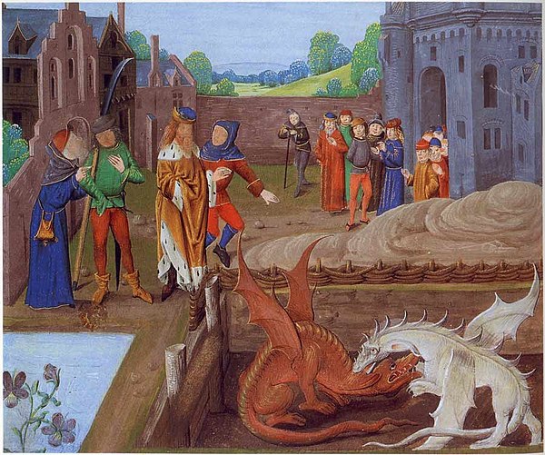 Illumination from a 15th-century manuscript of Historia regum Britanniae showing Vortigern and Ambros watching the fight between two dragons.