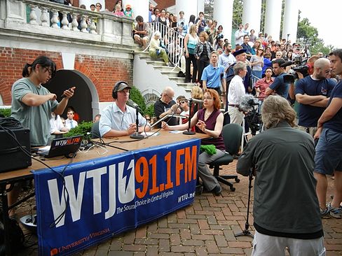 WTJU hosts a live remote broadcast from the "Rally on the Lawn," where thousands of students, faculty, alumni, and community members had gathered to support recently ousted University of Virginia President Teresa Sullivan. WTJU live remote broadcast.jpg