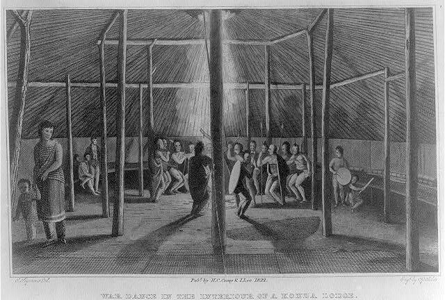 Samuel Seymour's 1819 illustration of a Kansa lodge and dance is the oldest drawing known to have been done in Kansas.