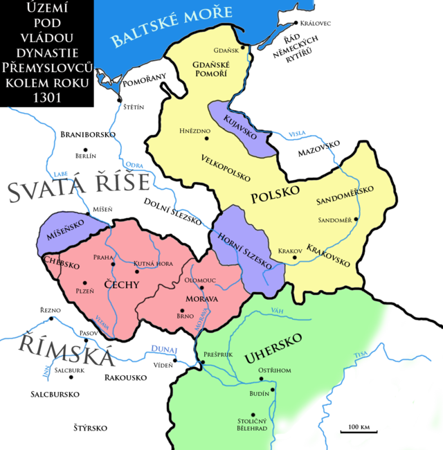 Země spojené osobou krále Václava II. kolem roku 1301:      české země     Polské království     zhruba rozsah moci Václava III. v Uhrách     země v lenní závislosti