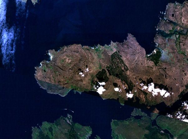 Satellite photo of Ardnamurchan – with clearly visible circular shape, which is the 'plumbings of an ancient volcano'