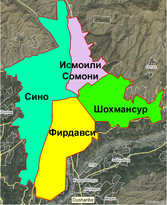 Districts of Dushanbe before the 2020 expansionDark Green: Shah MansurPurple: Ismail SamaniLight Green: AvicennaYellow: Ferdowsi