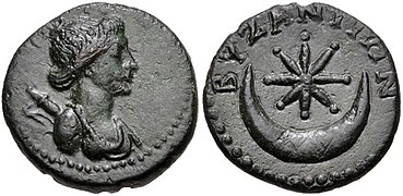 Byzantine coin (1st century) with a bust of Artemis on the obverse and an eight-rayed star within a crescent on the reverse side.