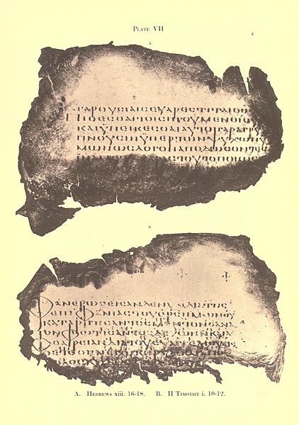 Fragment from the Codex Freerianus (5th century AD); the lower part shows text from 2 Timothy 1:10–12.