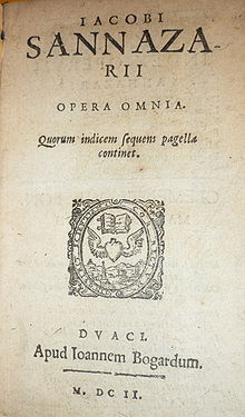 Page de titre des Opera omnia (Œuvres complètes) du poète néolatin Jacques Sannazar publiées à Douai chez Jean Bogard en 1602 (première édition de Douai). L'Université de Douai fut un grand centre de littérature néolatine.