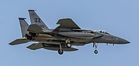 A US Air Force F-15C Eagle, tail number 85-0120, on final approach at Kadena Air Base in Okinawa, Japan. It is assigned to the 44th Fighter Squadron at Kadena AB.