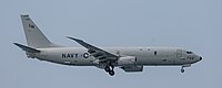 A US Navy P-8 Poseidon, tail number 168756, on final approach at Kadena Air Base in Okinawa, Japan.