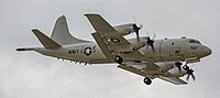 A US Navy P-3C Orion, tail 161587, on final approach at Kadena Air Base in Okinawa, Japan.