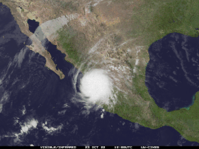 A looped series of satellite photos of Hurricane Roslyn making landfall in Nayarit and then rapidly weakening inland on October 23, 2022.