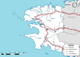 Kart over det nasjonale veinettet (motorveier og riksveier) i avdelingen Finistère