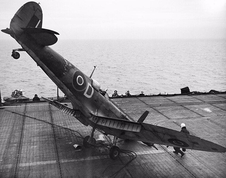 File:A Supermarine Seafire nosed over on the flight deck of HMS SMITER after a landing accident, 1944 01.jpg