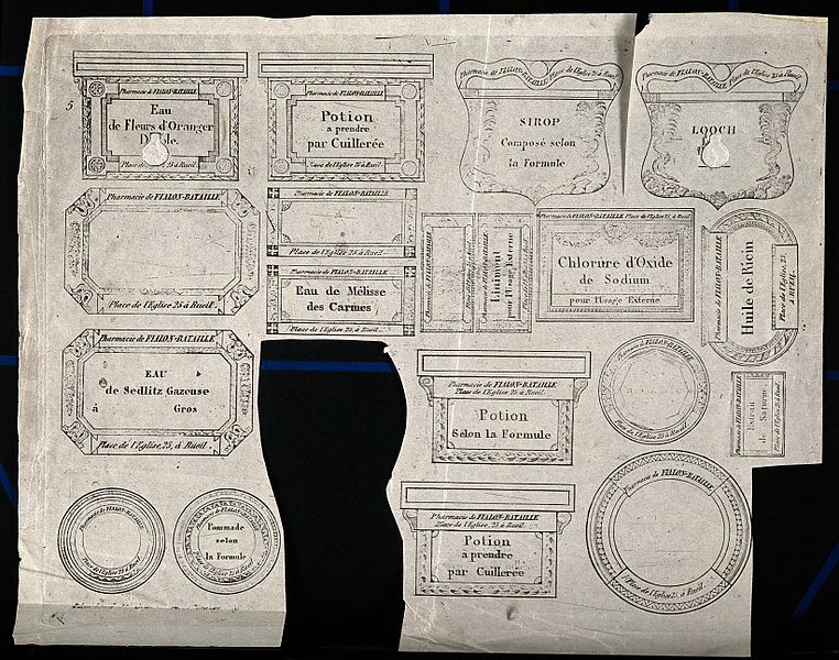 File:A sheet of designs of labels for a French pharmacist, Fialon Wellcome V0010833.jpg