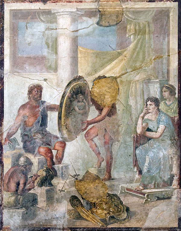 Thetis at Hephaestus' forge waiting to receive Achilles' new weapons. Fresco from Pompeii, 1st century