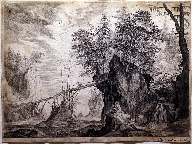 File:Aegidius sadeler, artista che disegna sulle rocce, 1600, acquaforte e bulino.jpg