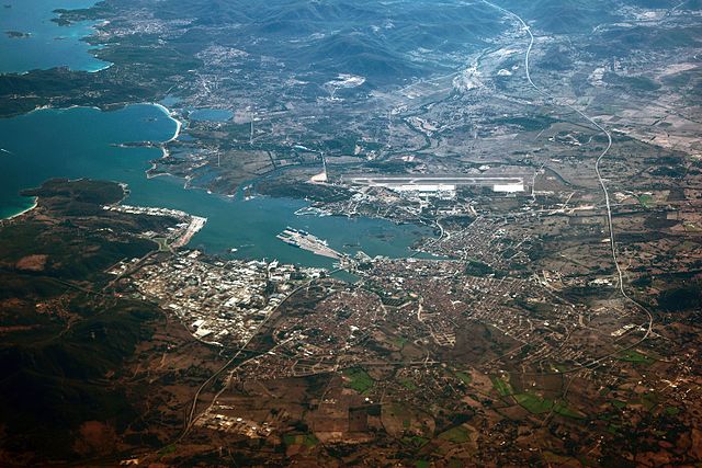 November 2014 aerial photograph of Olbia. The airport and the harbour are both visible.