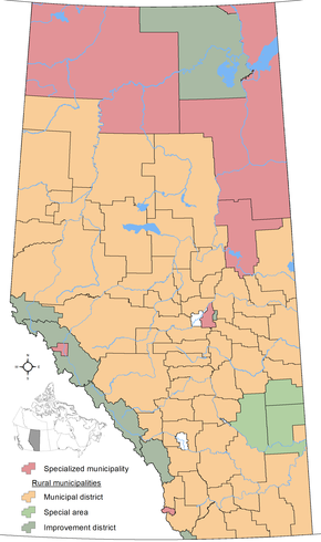 Distribution of Alberta's 6 specialized municipalities (red) and 74 rural municipalities, which include municipal districts (often named as counties) (orange), improvement districts (dark green) and special areas (light green) (2020) Alberta's Specialized and Rural Municipalities.png