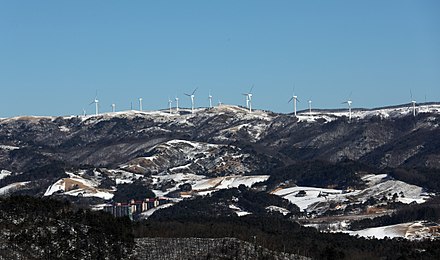 Alpensia Resort and wind turbines in Pyeongchang