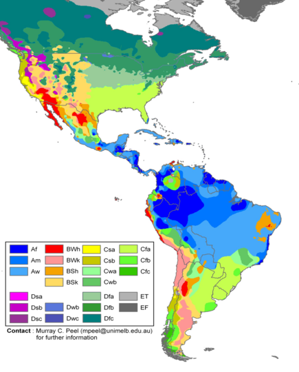 Climate zones of the Americas in the Koppen climate classification system. Americas Koppen Map.png