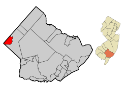 Location of Buena in Atlantic County highlighted in red (left). Inset map: Location of Atlantic County in New Jersey highlighted in orange (right).