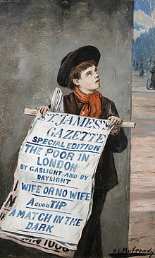 The paintings of London artist Augustus Edwin Mulready (1844-1904) told his audience that when they see a newsboy hawking papers they should see him as a symptom of poverty and urban malaise. Augustus Edwin Mulready A London Newsboy.jpg