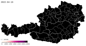 Počet infikovaných na 100 000 obyvatel      40–85 potvrzených případů      85–175 potvrzených případů      175–360 potvrzených případů      360–750 potvrzených případů      750–1500 potvrzených případů      1500+ potvrzených případů