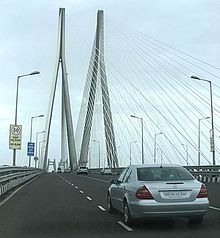 BWSL's largest pylon towers are 128 m (420 ft) high BWSL Cable Stay Bridge.jpg