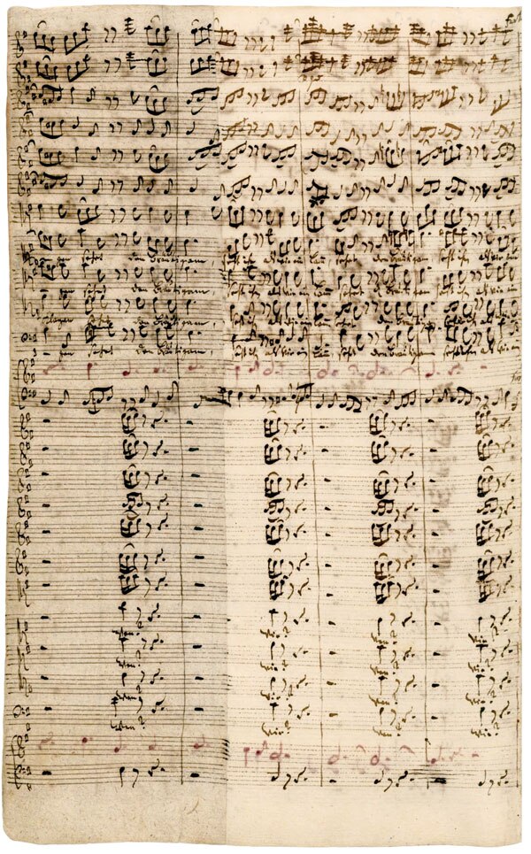 The melody of Am Stamm des Kreuzes geschlachtet (slaughtered at the stem of the cross), the second line of Decius' chorale, is shown twice in red ink,