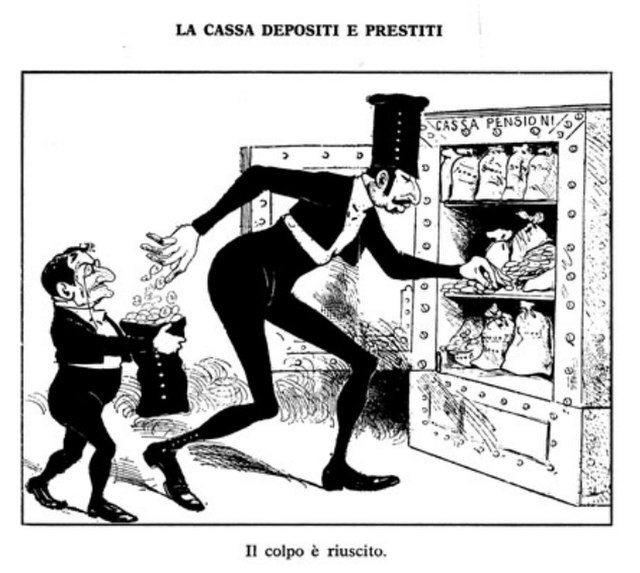 Cartoon in the satirical magazine L'Asino (The Donkey) in June 1893, with Giolitti and Tanlongo. "Savings and loans: the coup succeeded."