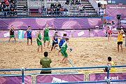 Deutsch: Beachhandball bei den Olympischen Jugendspielen 2018; Tag 6, 12. Oktober 2018; Jungen, Platzierungssspiel Ränge 5-6 – Thailand-Ungarn 0:2 English: Beach handball at the 2018 Summer Youth Olympics at 12 October 2018 – Boy's Placement Match 5-6 – Thailan-Hungary 0:2