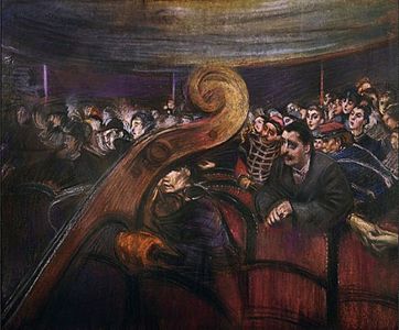 132d Theatre (Stalls during the show; Spectators; The volute of the cello) label QS:Lit,"Teatro (Platea durante lo spettacolo; Spettatori; La voluta del violoncello)" label QS:Len,"Theatre (Stalls during the show; Spectators; The volute of the cello)" 1885