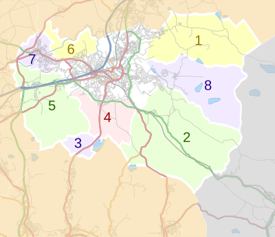 Civil parishes: 1.Briercliffe-with-Extwistle, 2.Cliviger, 3.Dunnockshaw, 4.Habergham Eaves 5.Hapton, 6.Ightenhill, 7.Padiham, 8.Worsthorne-with-Hurstwood